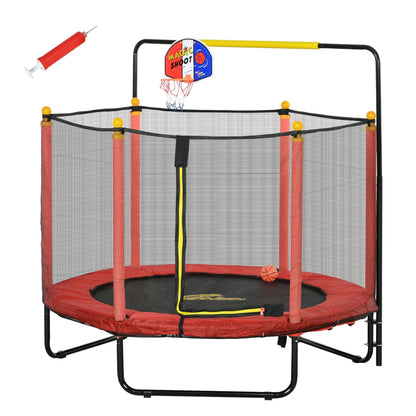 Qaba 4.6' Kids Trampoline with Basketball Hoop, Horizontal Bar, 55 Indoor Trampoline with Net