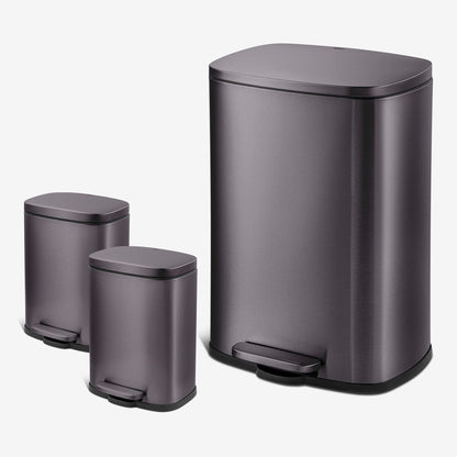 Poubelles rectangulaires Qualiazero de 13,2 gallons et deux de 1,3 gallon à pédale - Ensemble familial