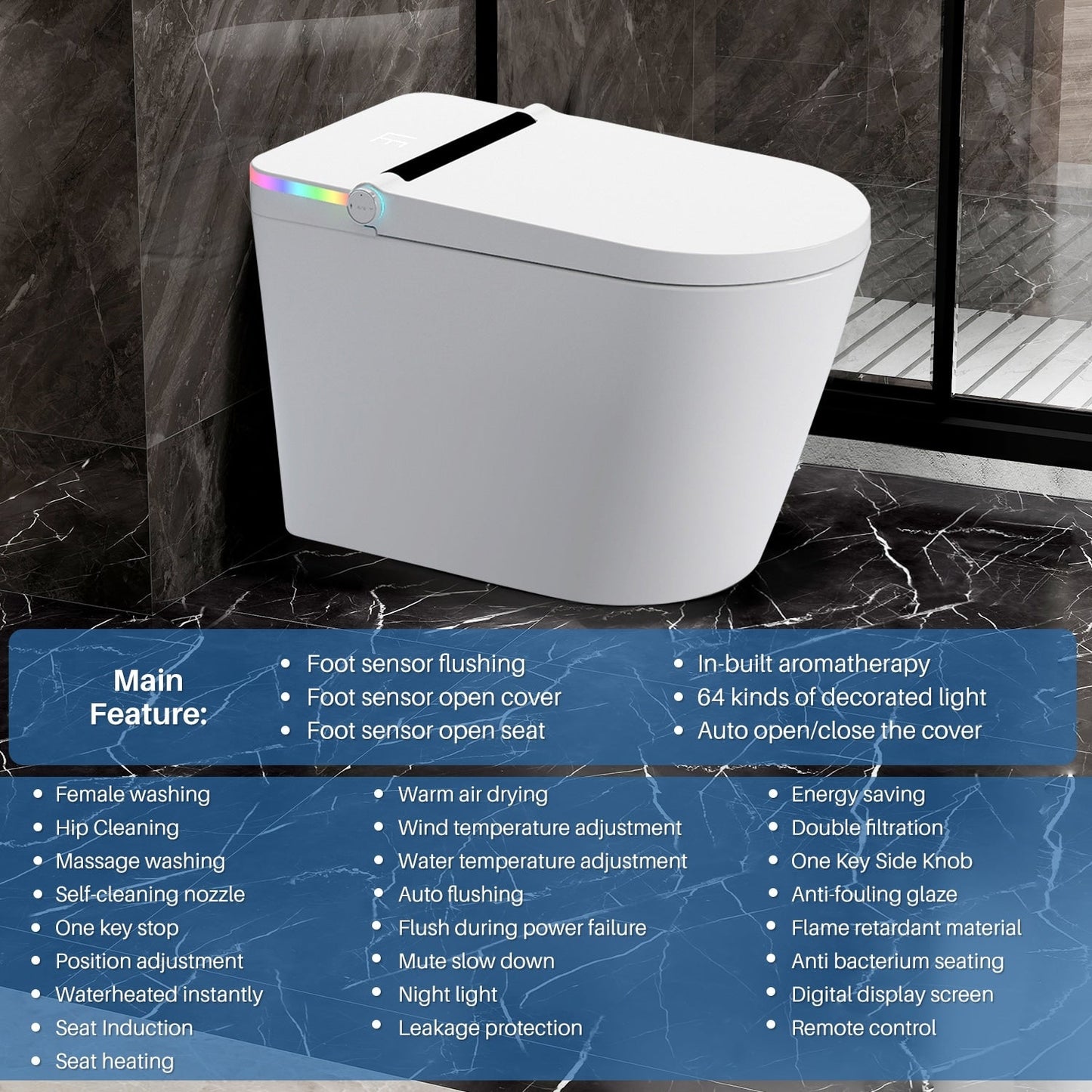 Toilettes intelligentes, bidet monobloc pour salle de bain, toilettes allongées modernes avec eau chaude, double chasse d'eau automatique, fonctionnement par capteur de pied