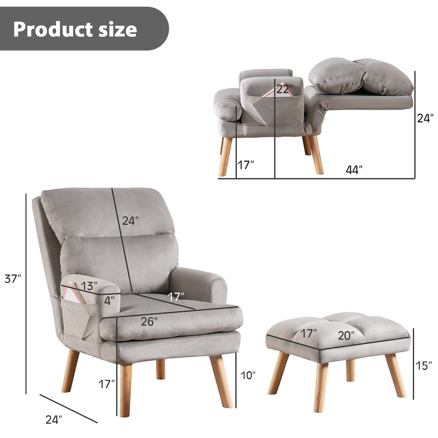 Fauteuil de salon décontracté en tissu doux avec dossier et pieds réglables