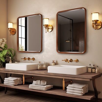 Round Corner Rectangle Farm Wall Mirror with Solid Wood Frame