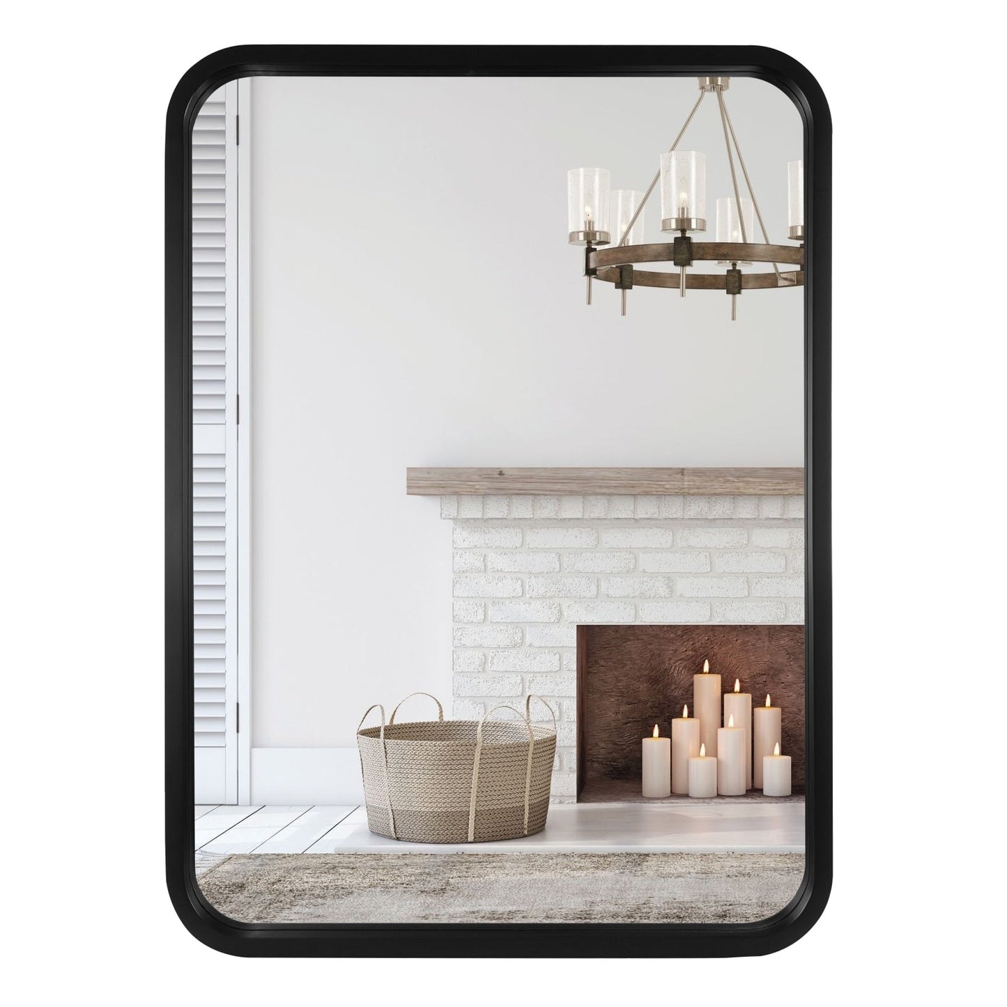 Round Corner Rectangle Farm Wall Mirror with Solid Wood Frame