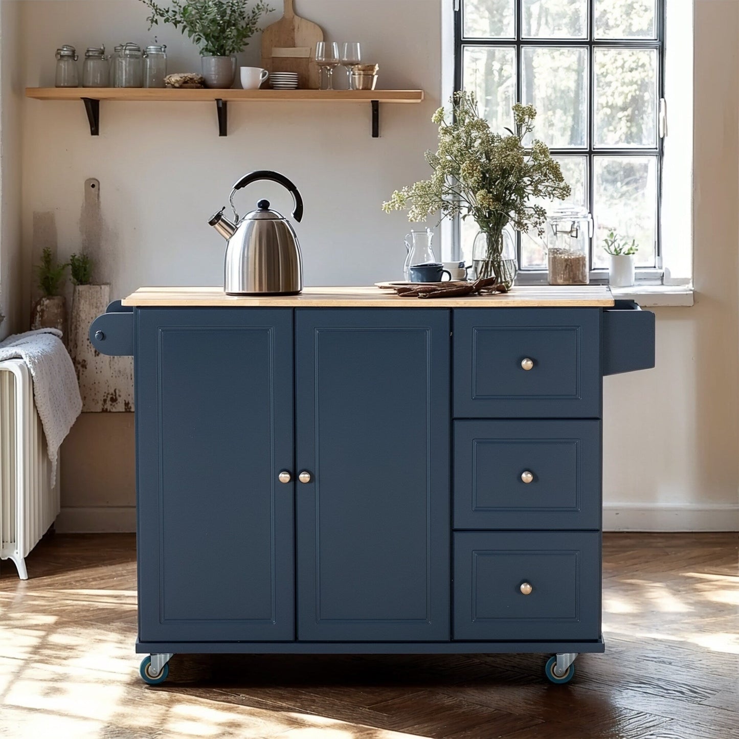 Desserte de cuisine Sophia &amp; William avec abattant et plateau en bois d'hévéa, desserte de cuisine roulante avec grand meuble de rangement