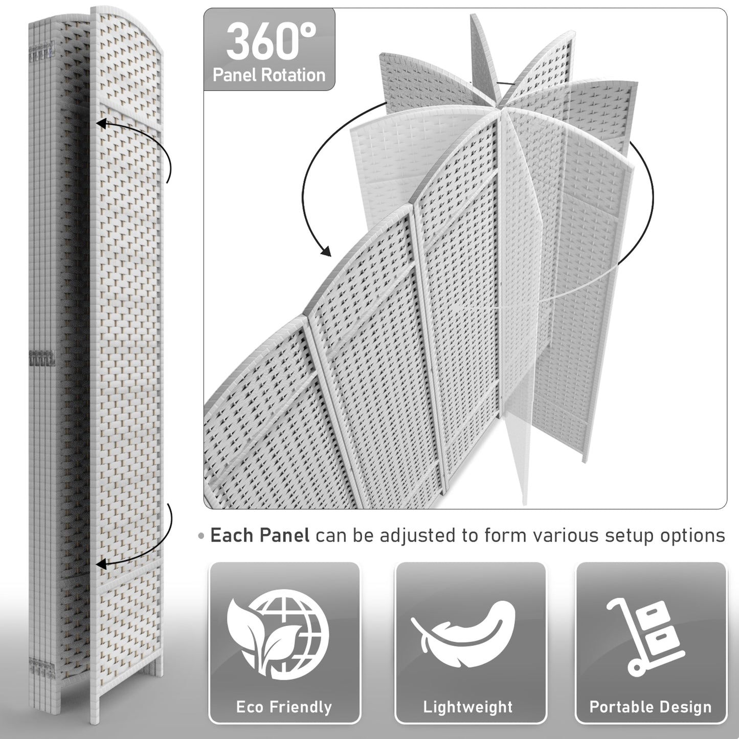 Séparateur de pièce Sorbus à 6 panneaux, cloison de séparation extra large et pliable, tissé à la main, à double charnière, en maille - 1,8 m