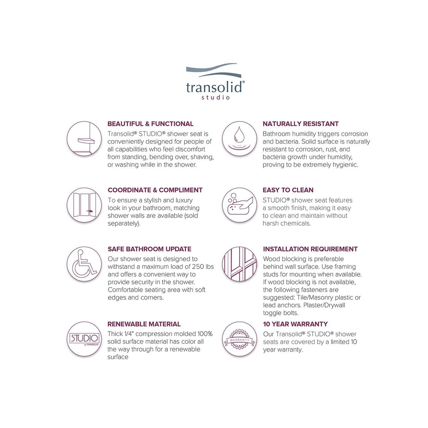 Siège de douche d'angle mural en surface solide Transolid Studio 14 po x 14 po - 14,5 x 14,25 x 3