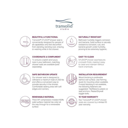 Siège de douche d'angle mural en surface solide Transolid Studio 14 po x 14 po - 14,5 x 14,25 x 3