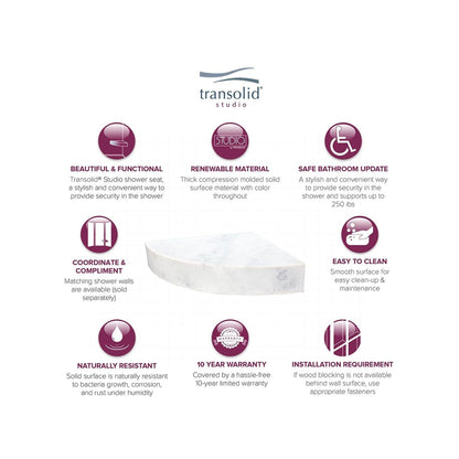 Siège de douche d'angle mural en surface solide Transolid Studio 14 po x 14 po - 14,5 x 14,25 x 3