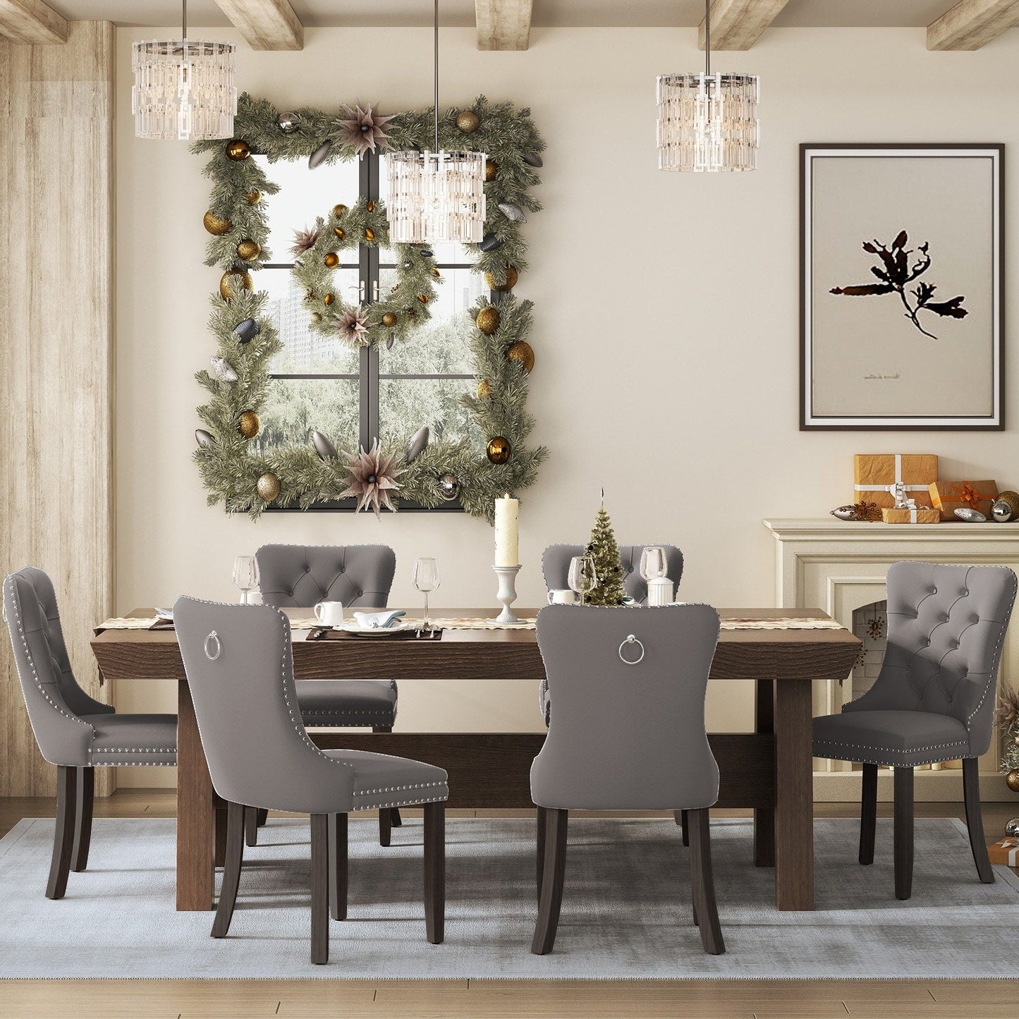 Chaise de salle à manger capitonnée en velours avec pieds en bois massif, lot de 6