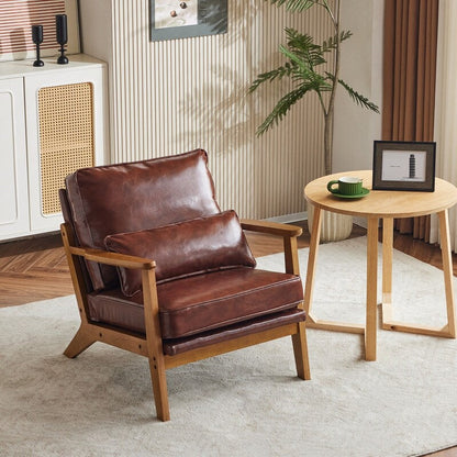 Fauteuil d'appoint rembourré en lin mélangé avec pieds en bois et un coussin beige