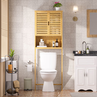VEIKOUS Bamboo Over The Toilet Storage Cabinet Cupboard Bathroom Organizer with Adjustable Shelf and Double Doors