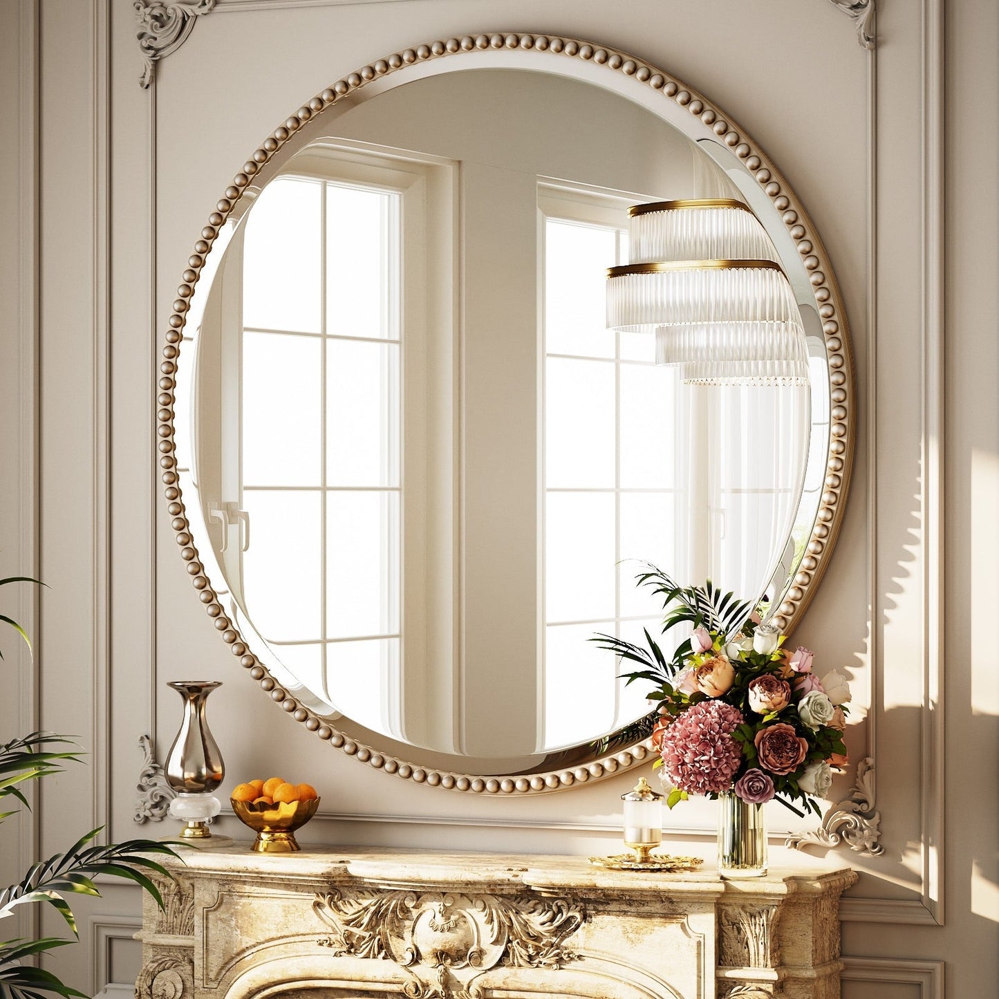 Vintage Round Bathroom Mirror with Beaded Frame