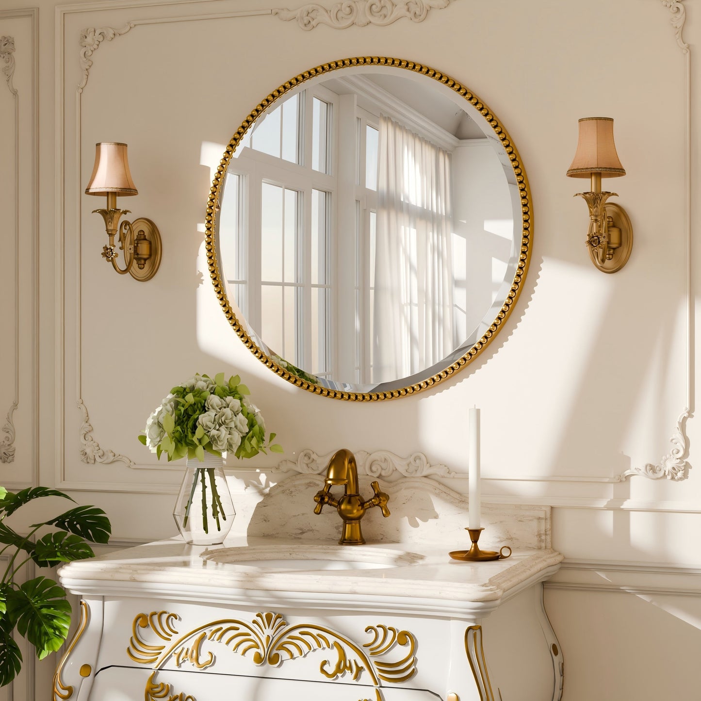 Vintage Round Bathroom Mirror with Beaded Frame