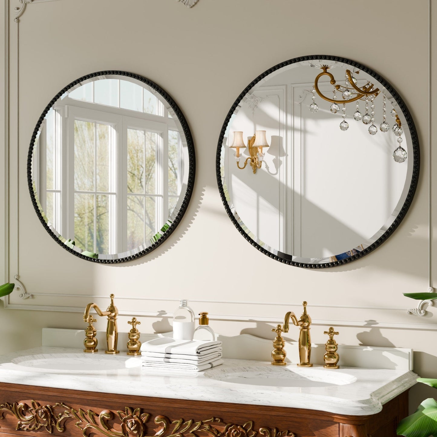 Vintage Round Bathroom Mirror with Beaded Frame