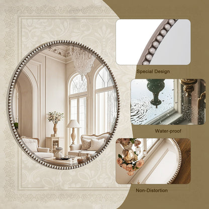 Vintage Round Bathroom Mirror with Beaded Frame