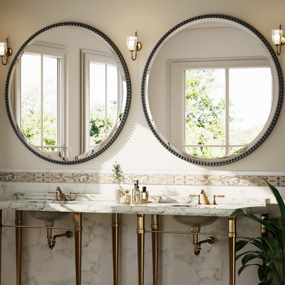Vintage Round Bathroom Mirror with Beaded Frame