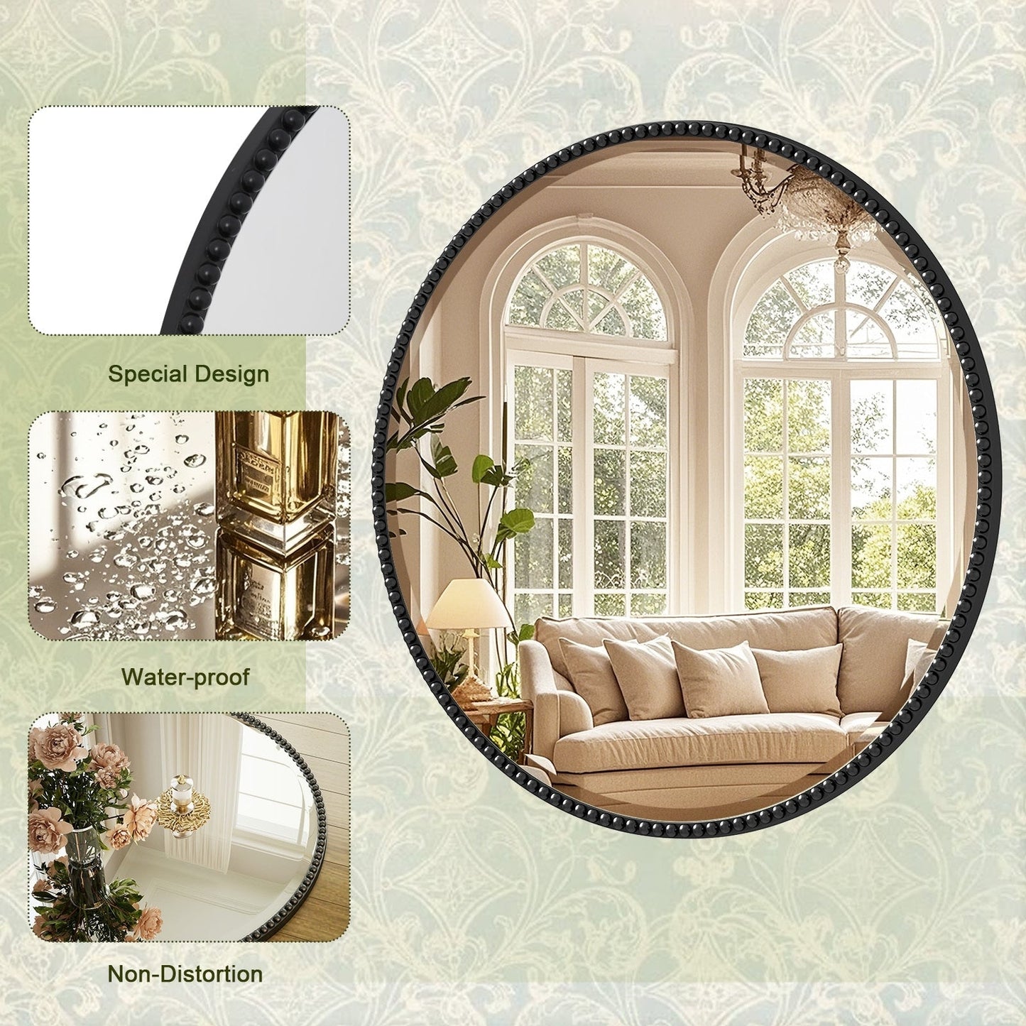 Vintage Round Bathroom Mirror with Beaded Frame