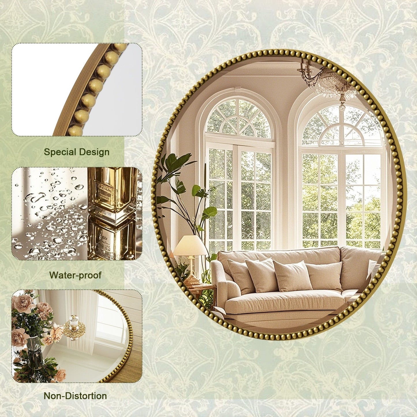 Vintage Round Bathroom Mirror with Beaded Frame