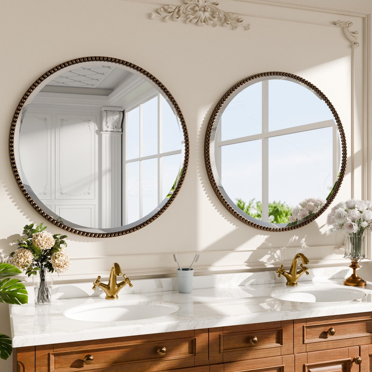 Vintage Round Bathroom Mirror with Beaded Frame