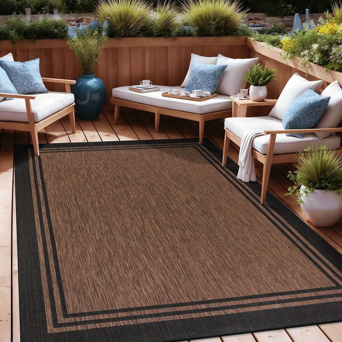 Washable Bordered Indoor Outdoor Rug for Patio, Deck, Porch