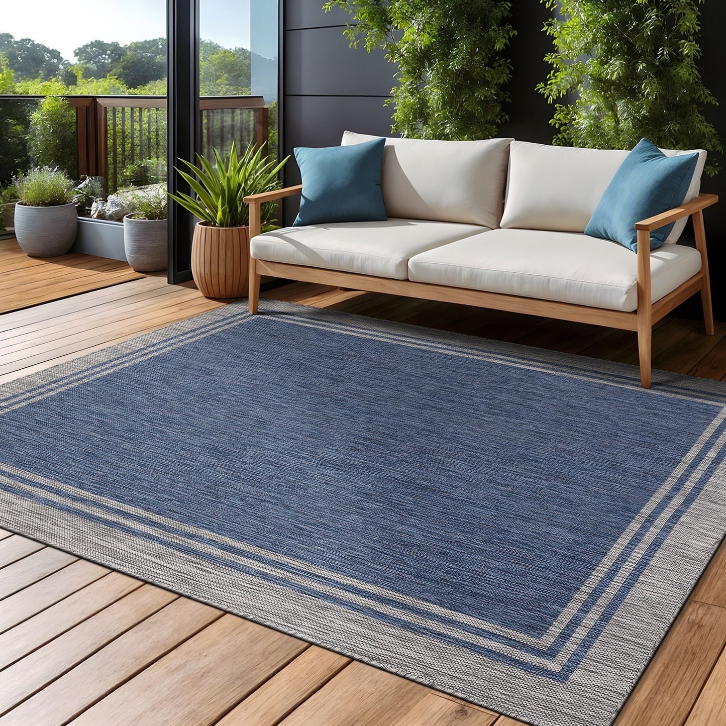Washable Bordered Indoor Outdoor Rug for Patio, Deck, Porch