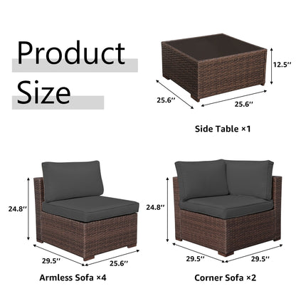 Ensemble de canapés d'extérieur sectionnels rembourrés en osier et acier, 7 pièces