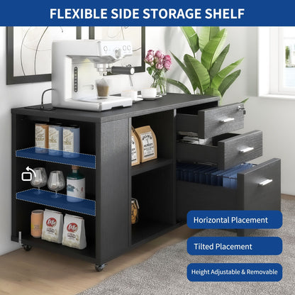 Classeur latéral mobile en bois avec station de charge verrouillable, compatible avec les dossiers de format A4, Lettre et Légal