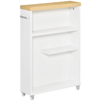 kleankin Slim Bathroom Cabinet with Castor Wheels Storage Organizer and Wood Shelves to Fit in Small Spaces, White